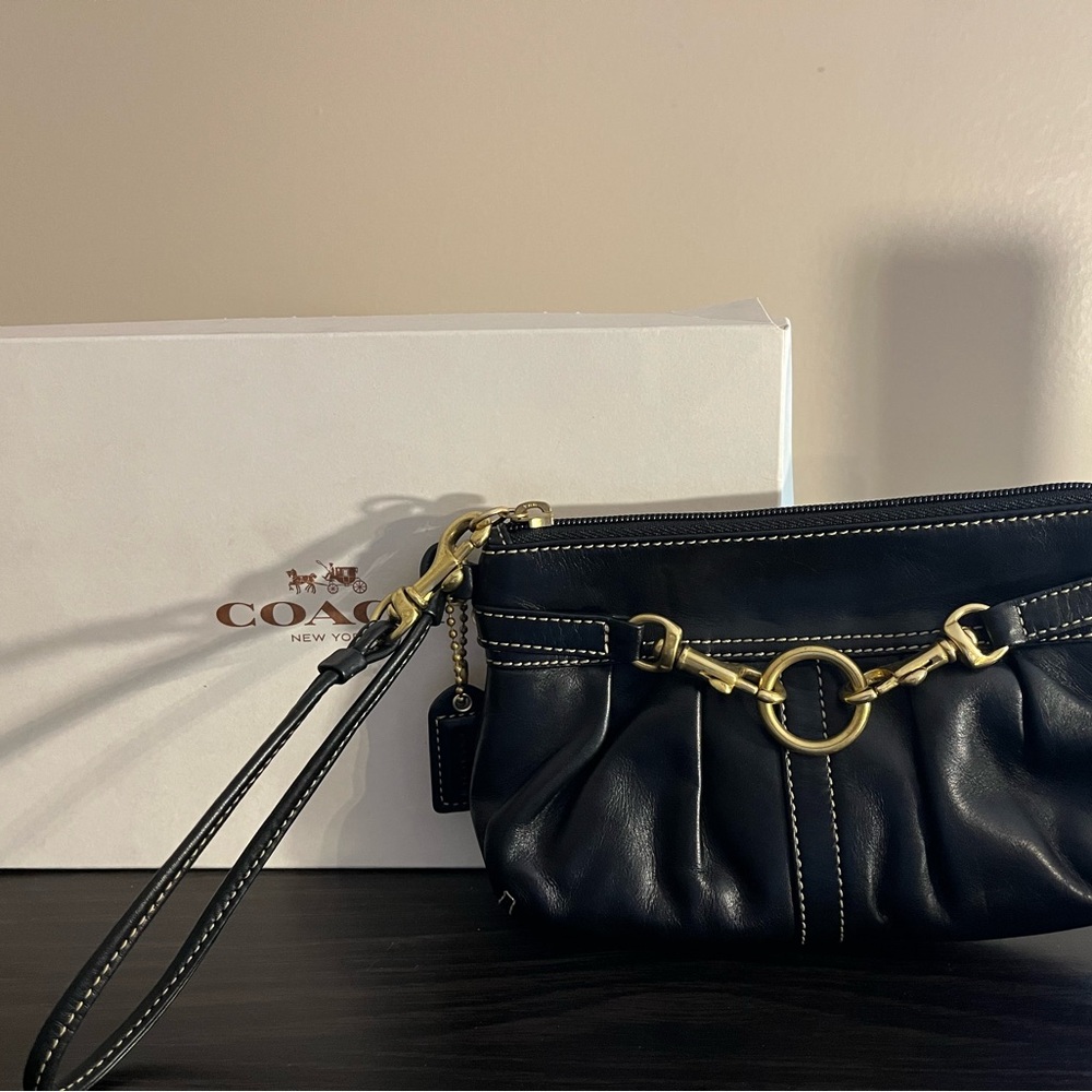 Coach Black Leather Wristlet with Gold Accents